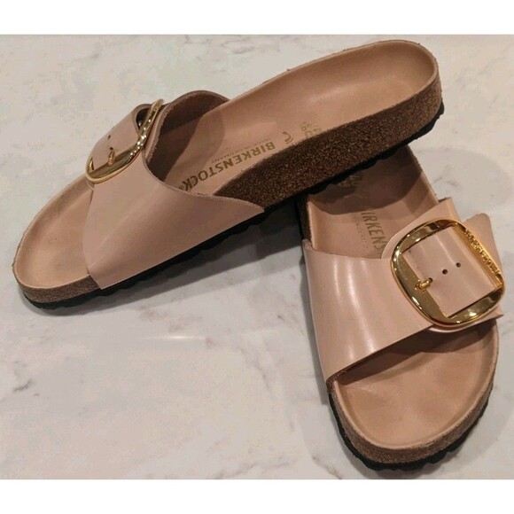 Wmn's Birkenstock Madrid Big Buckle Slide Sandals In Natural Leather Patent 40/9 - Picture 10 of 15